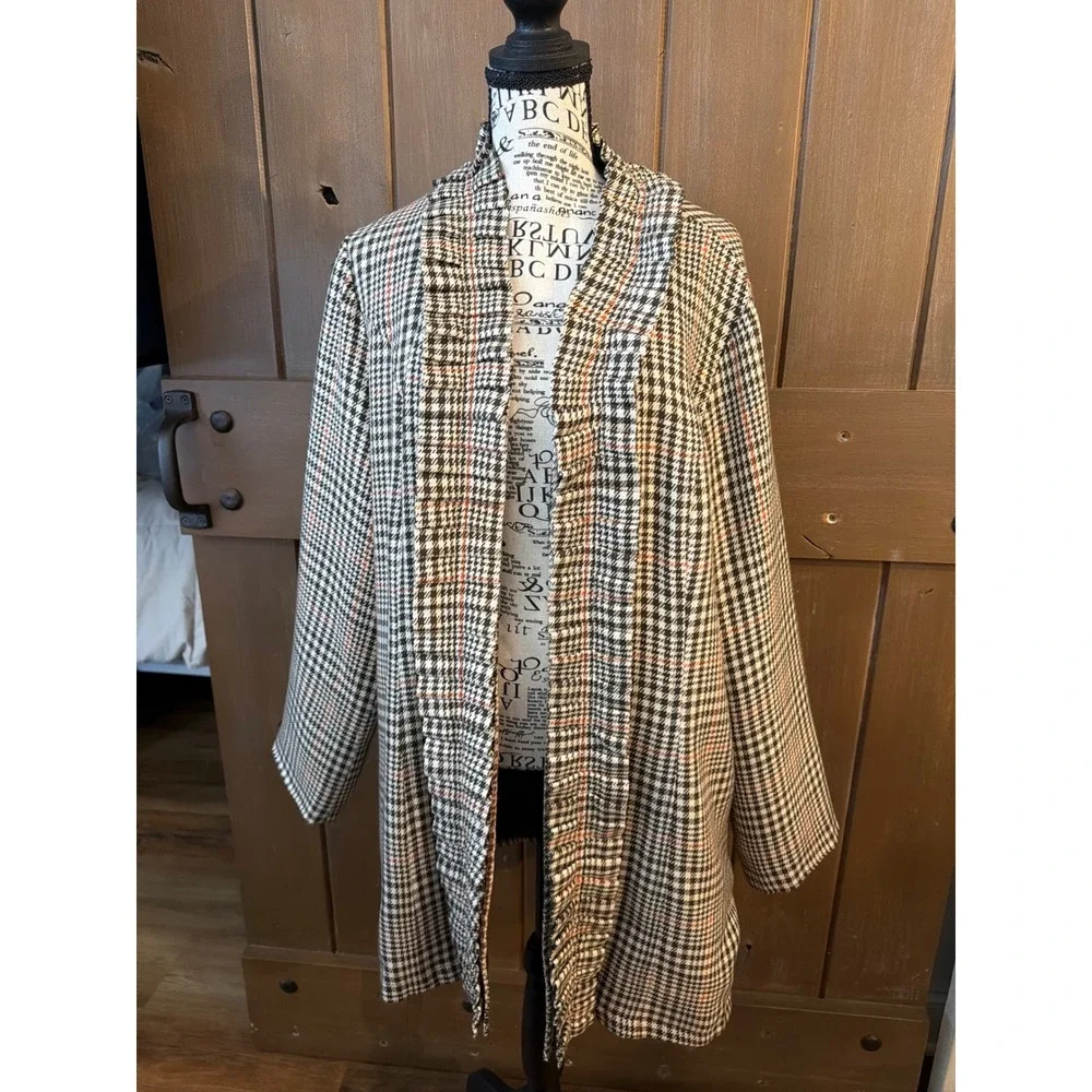 The Fashion Gallery Houndstooth Ruffle Trim Open Front Coat XL Plaid - Picture 1 of 11